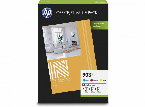 Original Tintenpatronen HP 903XL Office Value Pack C/M/Y (1CC20AE) + 50 BL A4 80g+25 BL A4 180g matt