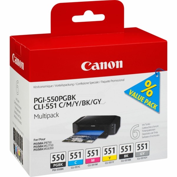 Original Tintenpatronen Canon PGI-550/CLI-551 Multipack C/M/Y/PGBK/BK/GY (6496B005)
